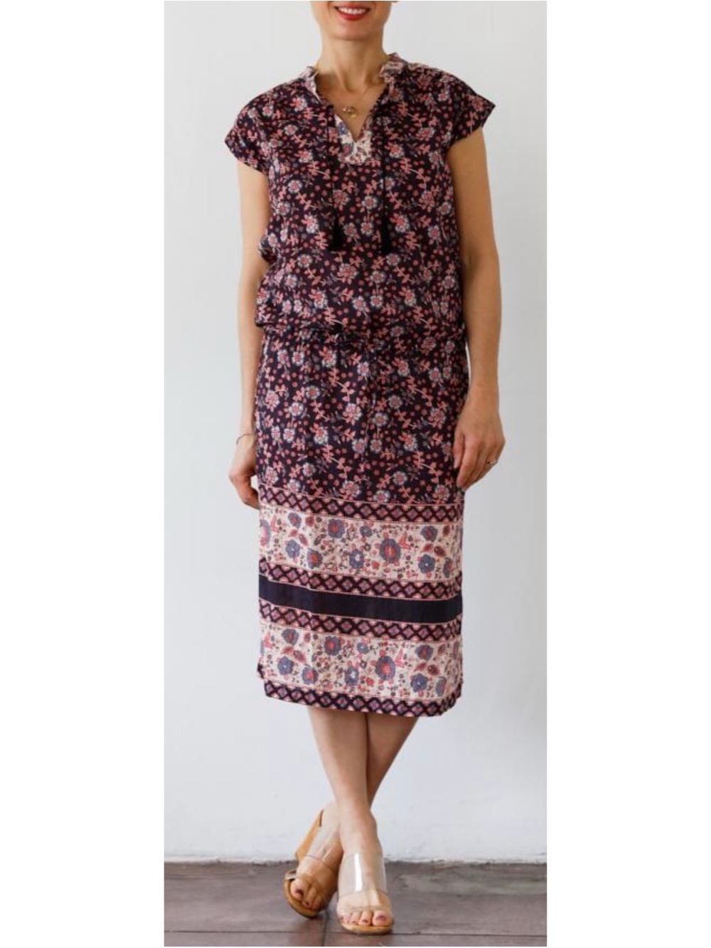 Floral Border Print Midi Skirt - Pink & Black